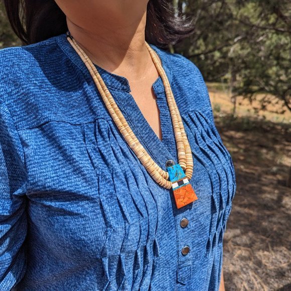 Hopi Shell Beads Necklace Inlay Turquoise Pendant Native American Handmade*** - Picture 6 of 10
